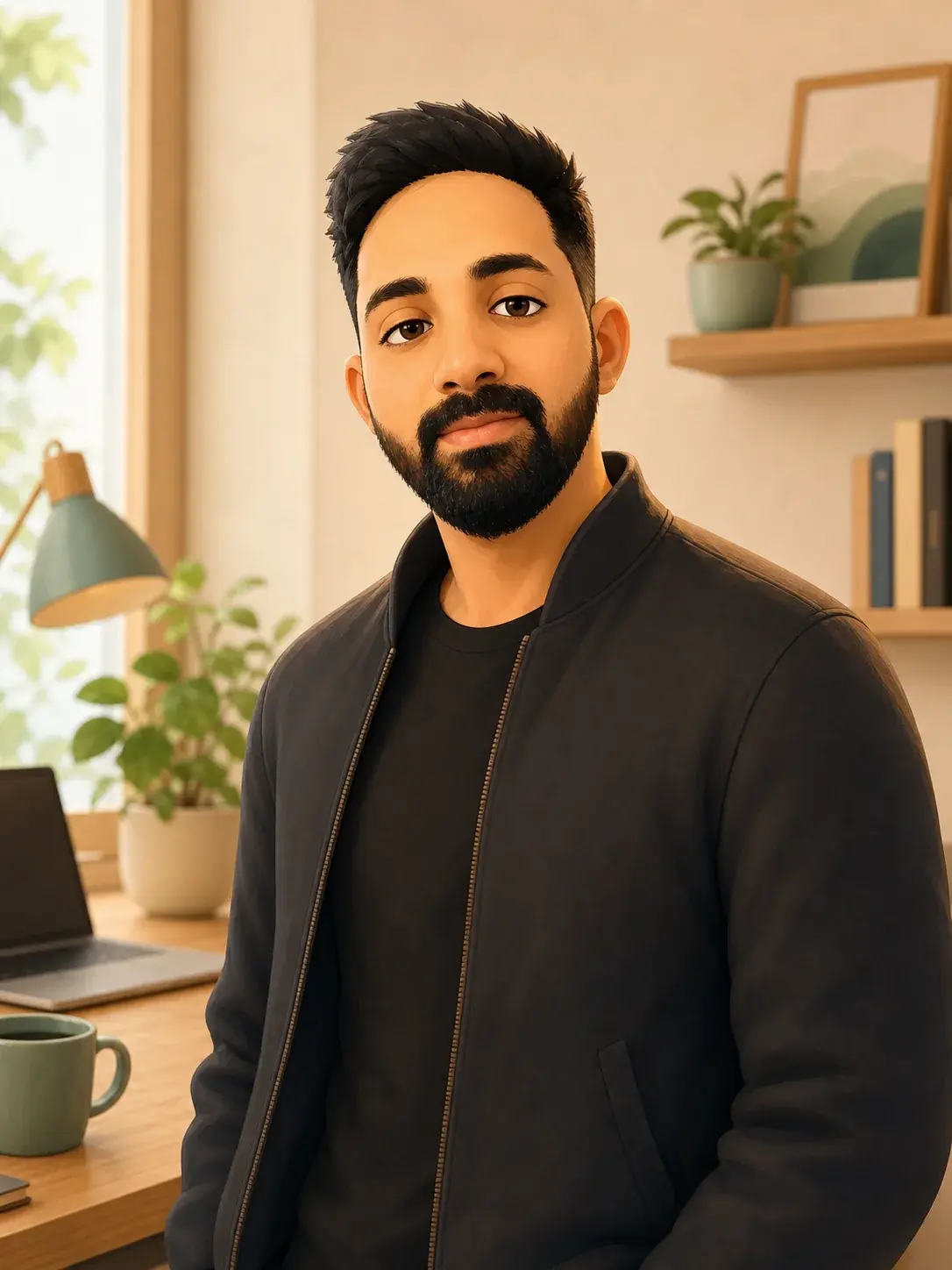 Warm 3D anime-style portrait of Deepak Chauhan in his workspace